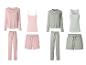 Roze en groene loungewear sets met vesten, hemdjes, sweatshirts, broeken en shorts.
