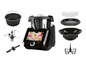 Een zwarte Moulinex Cuisine Companion Smart multikoker met accessoires, waaronder een stoommandje, een garde en een deeghaak.