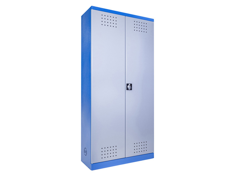 Een blauwe metalen kast met twee deuren.