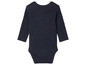 Een donkerblauwe baby romper met lange mouwen.