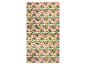 Stof met tropisch bloemenpatroon van roze en gele bloemen en groene bladeren.