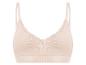 Beige draadloze beha met kanten rand en geribbelde textuur.