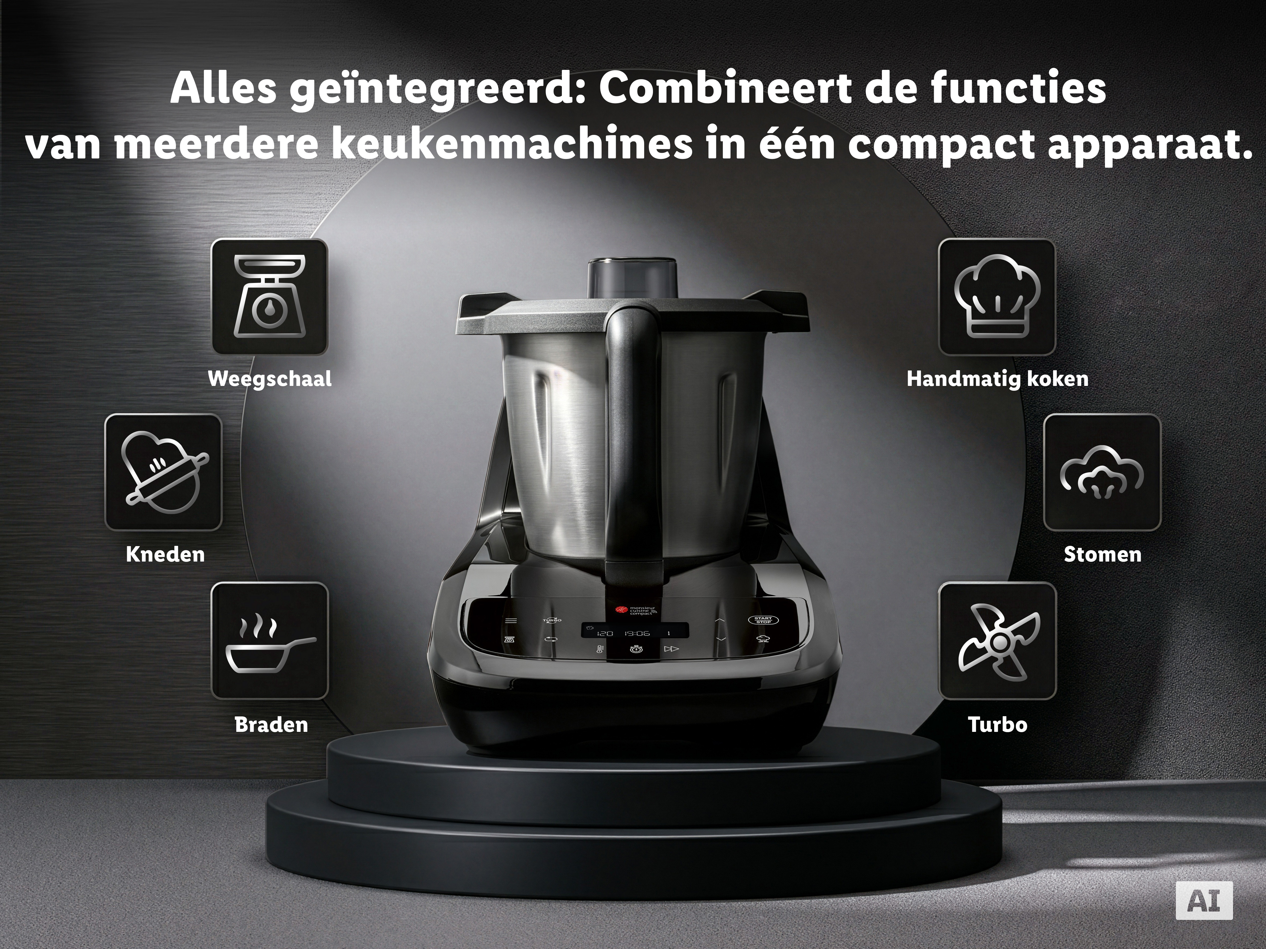 Monsieur Cuisine compact omgeven door zes functie-iconen: weegschaal, handmatig koken, kneden, stoomkoken, aanbraden en turbo. (Met AI-watermerk)