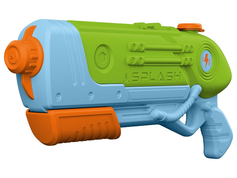 Felgroen en blauw waterpistool met oranje accenten en de tekst «SPLASH».