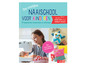 Een boek met naaiprojecten voor kinderen, met een monster, kussens en een meisje dat op een naaimachine naait.