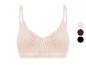 Dames bralette in beige met kant en ribbeltextuur, verkrijgbaar in drie kleuren.
