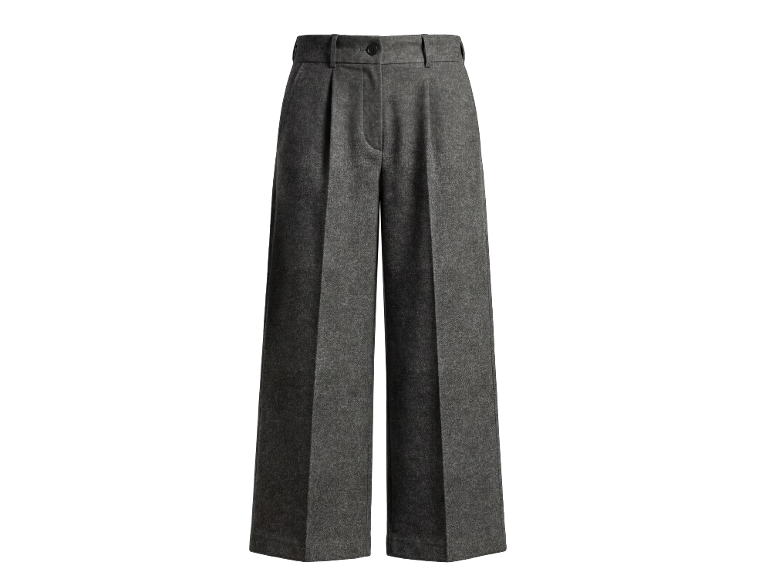 Grijze wijde broek met plooien aan de voorkant en hoge taille.