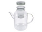 Een glazen theepot met een losse thee-infuser en een deksel