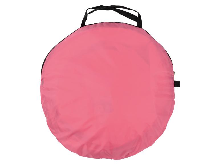 Roze opbergtas voor tent of box, plat opgevouwen, met zwarte handvatten.