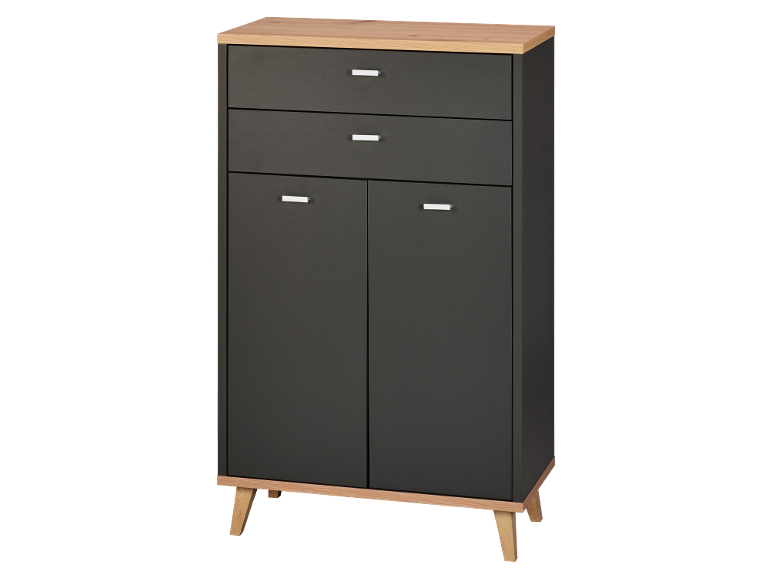 Modern donkergrijs dressoir met lades en deuren, met licht houten blad en poten