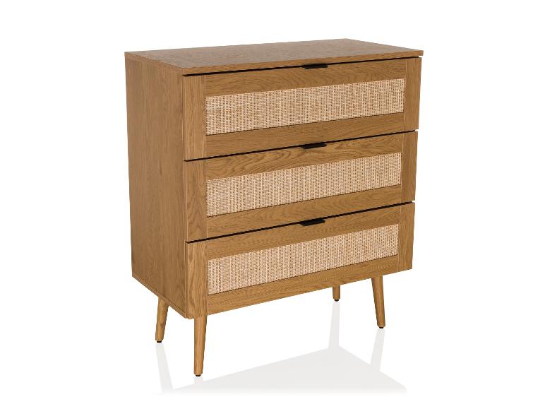 Houten ladekast met drie lades met rotan fronten, op schuine poten.