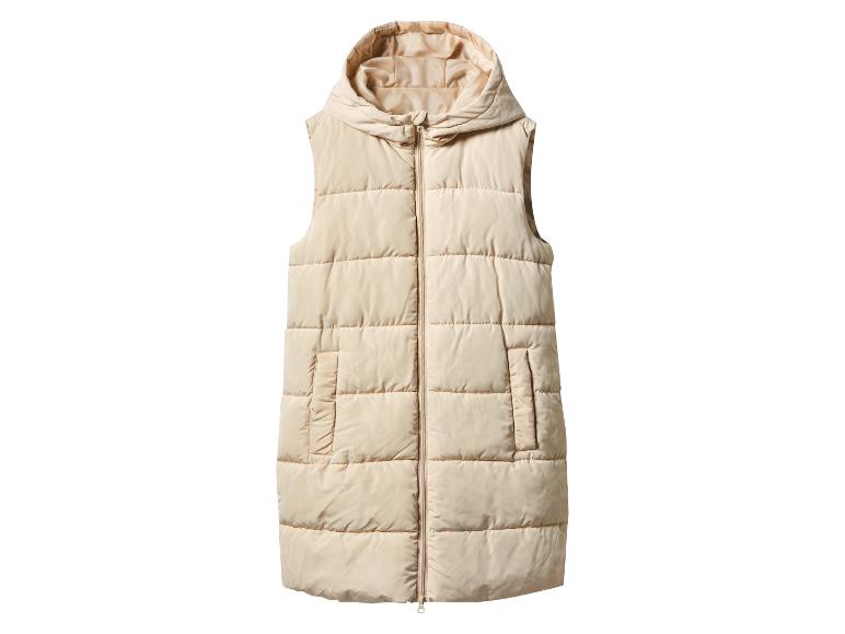 Beige lang gewatteerd vest met capuchon