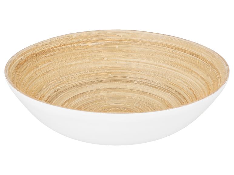 Witte kom met een natuurlijke lichte houten binnenkant, geïsoleerd op een witte achtergrond