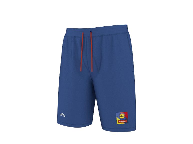 Donkerblauwe shorts met oranje trekkoord en kleurrijk logo op de pijp.