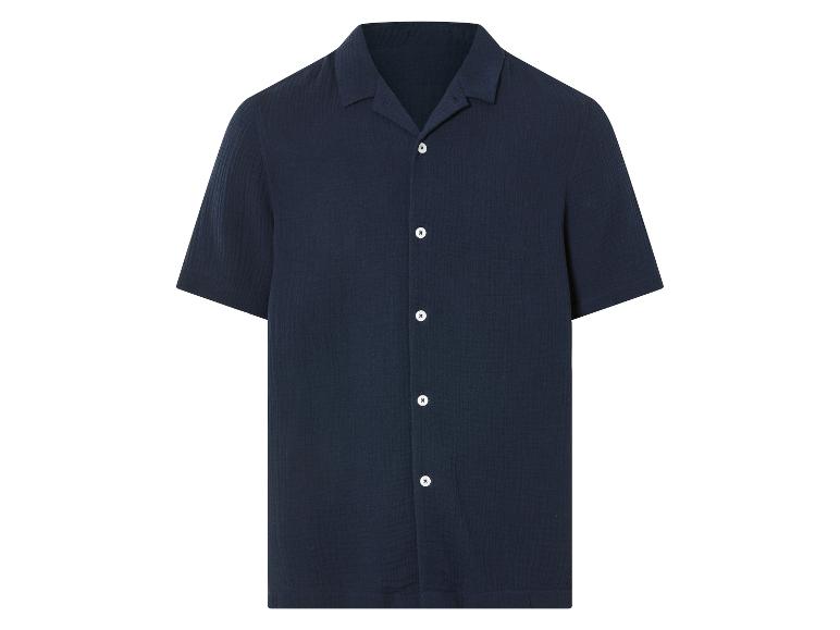 Donkerblauw heren overhemd met korte mouwen en een mao-kraag.