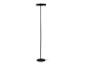 Zwarte, moderne vloerlamp met slanke steel en ronde voet.