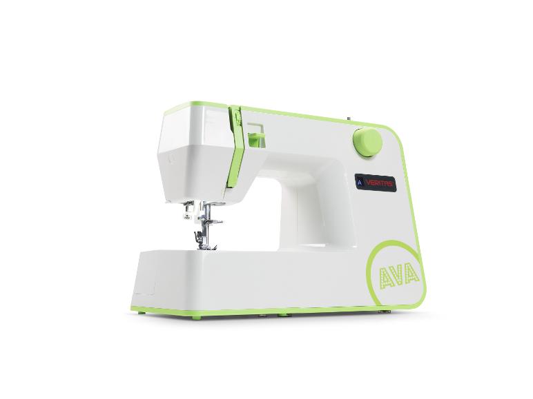 Witte en groene naaimachine met 'AVA' op de voorkant.