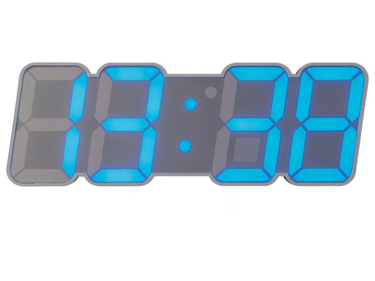 Digitaal LED-klok, modern design, blauwe display.