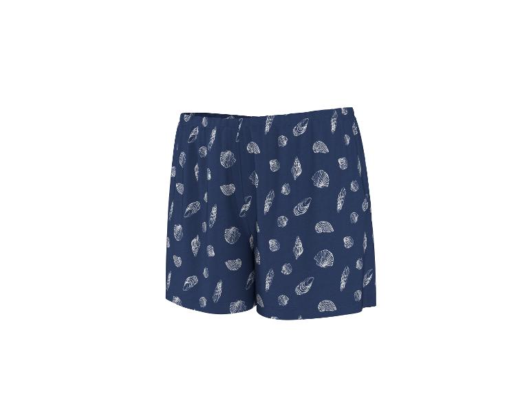 Blauwe korte broek met schelpenprint.