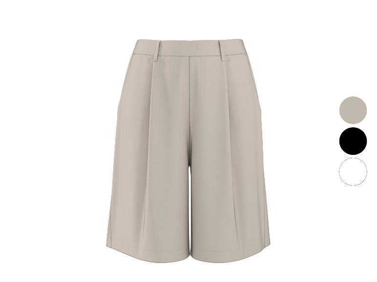 Beige geplooide bermudashort met kleurenpalet: beige, zwart, wit.
