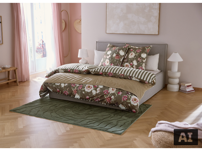 Slaapkamer met bed, bloemenbeddengoed, groen vloerkleed en roze gordijnen.