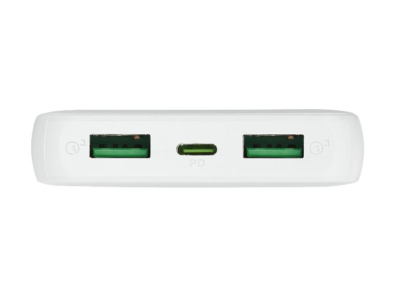 Draagbare powerbank met USB en USB-C PD poorten.