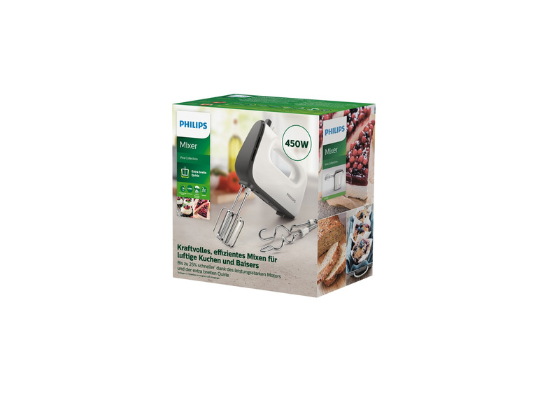 Verpakking van een Philips Viva Collection mixer met extra brede garde.