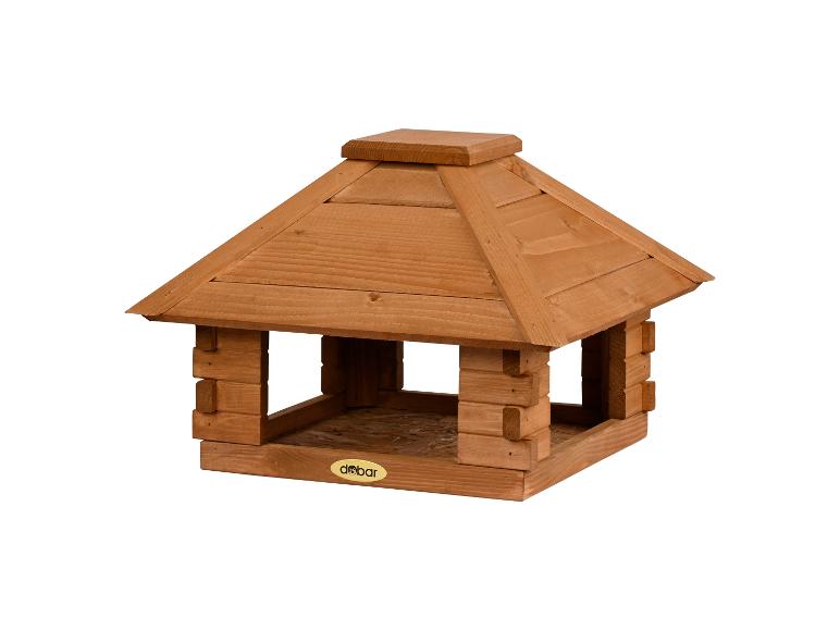 Houten vogelvoederhuisje in de vorm van een huis met een achthoekig dak.