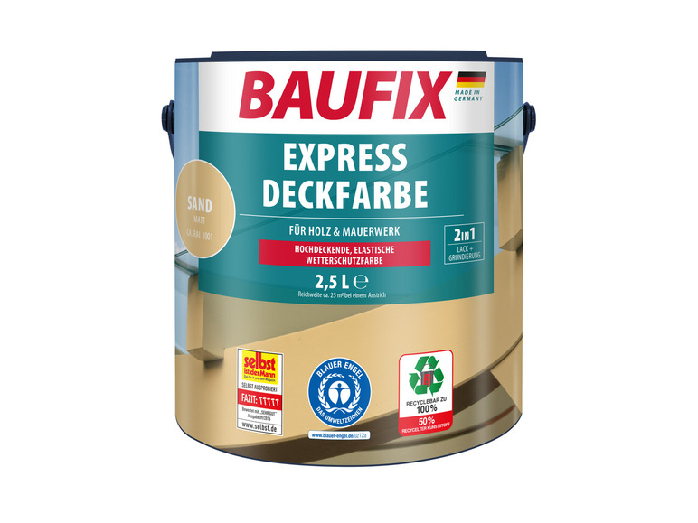 Emmer verf Baufix Express Deckfarbe in de kleur zand, geschikt voor hout en metselwerk.
