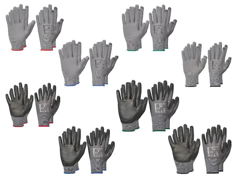 Parkside werkhandschoenen in verschillende maten en kleuren.