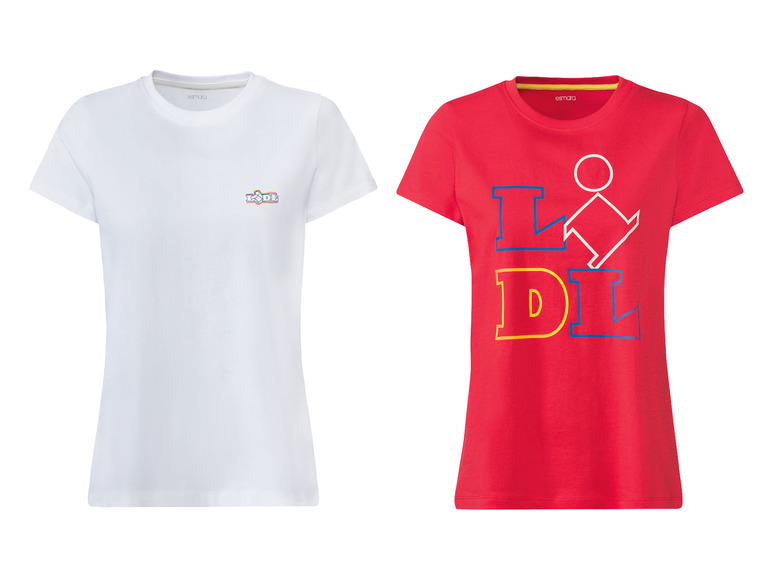 Twee witte en rode T-shirts van het merk Esmara met een 'LIDL'-logo.