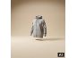 Grijze hoodie met rits, zwevend in de lucht tegen een beige achtergrond.