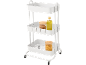 Witte drielaagse trolley met pasta en olie op de planken.