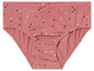 Een roze onderbroek met witte en bruine stippen.