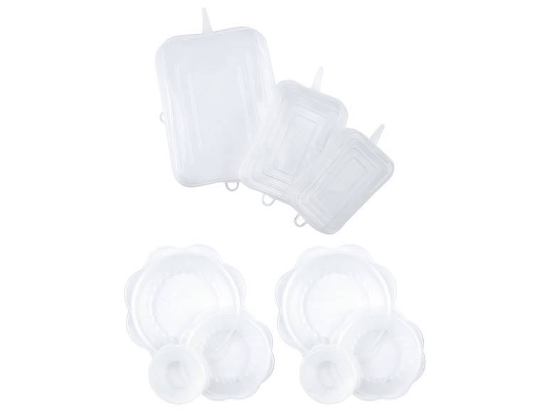 Drie verschillende siliconen deksels voor voedselverpakkingen.