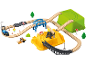 Houten treinset met trein, bouwvoertuigen en bruggen.