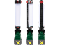 Drie aanzichten van een draagbare LED-werklamp met afneembare accu.