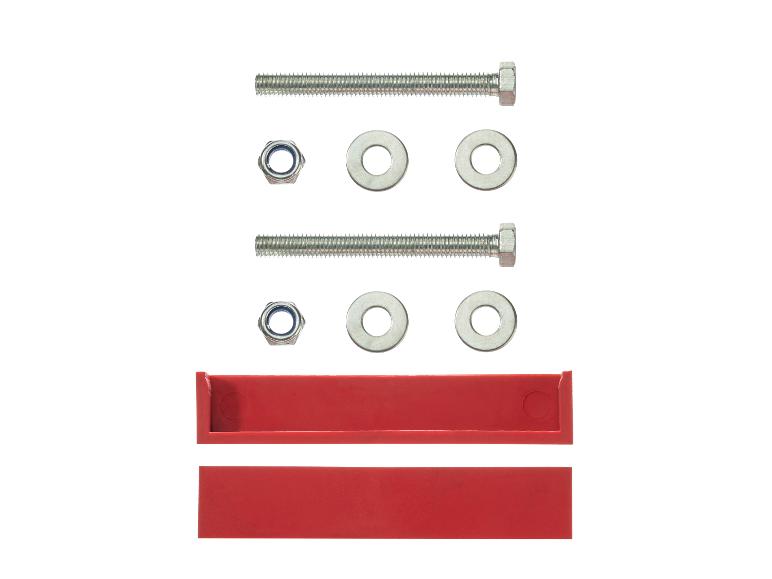 Set van bouten, moeren, ringen en rode plastic beugels.