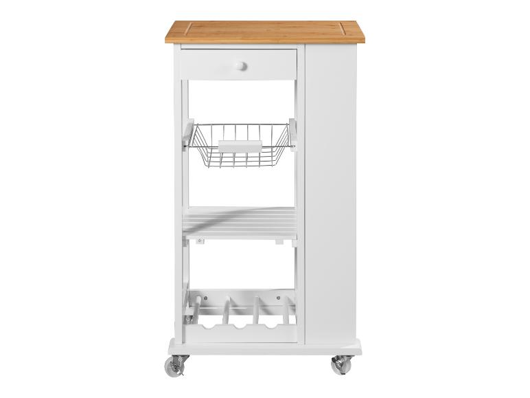 Witte keukenkar met bamboe blad, lade, draadmand en wijnrek op wielen.