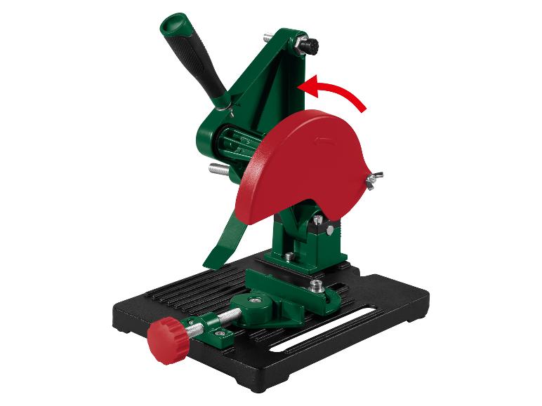 Haakse slijperstandaard in groen en zwart met een rode beschermkap en verstelknop.