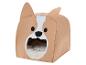 Beige honden- of kattenmand in de vorm van een corgi-hondenhoofd met witte snuit.