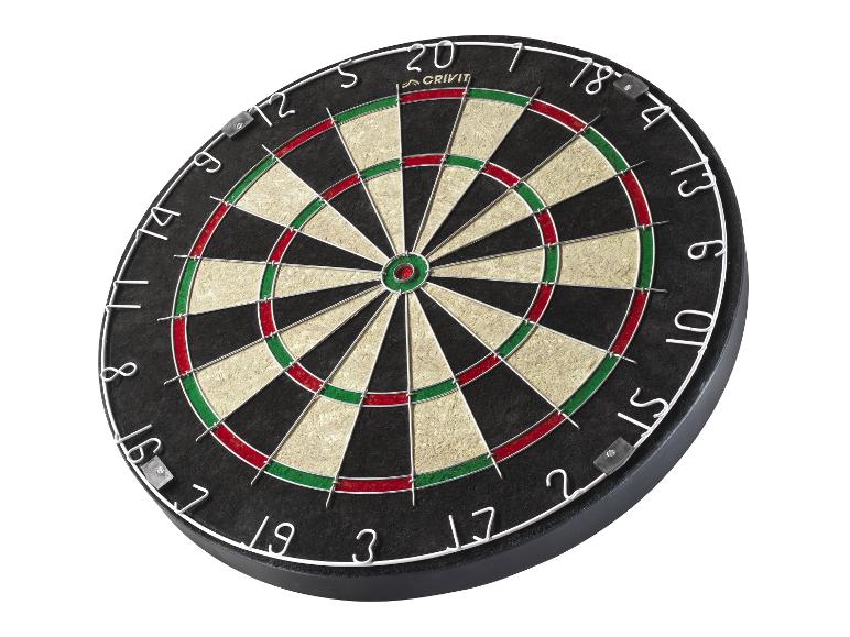 Een Crivit dartbord met zwarte, beige, rode en groene segmenten, en witte cijfers.