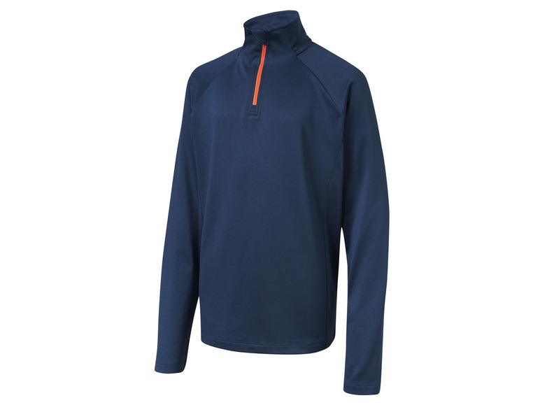 Een donkerblauwe half-zip trui met lange mouwen.