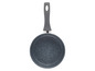 Een kleine, ronde pan met een grijze, gemarmerde anti-aanbaklaag en een grijze handgreep.