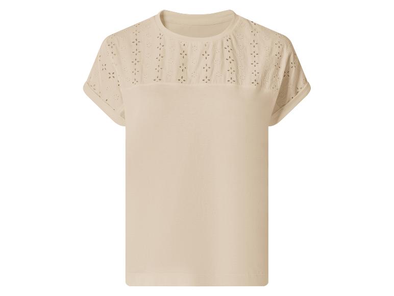 Beige dames T-shirt met korte mouwen en geborduurde details op de schouders.