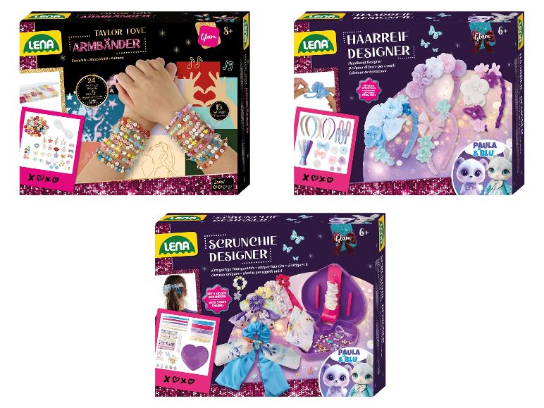 Knutselpakketten voor kinderen: armbanden, haarbanden en haarelastiekjes met een glamoureus thema.