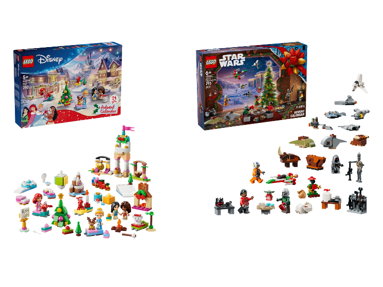 LEGO adventskalender Disney Princess en Star Wars met dozen en figuren.