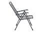 Donkergrijze metalen opvouwbare tuinstoel met geperforeerde zitting en rugleuning.