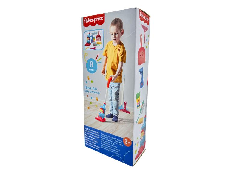 Speelgoedstofzuigerset met 8 stuks, met een kind dat speelt en schoonmaakt.