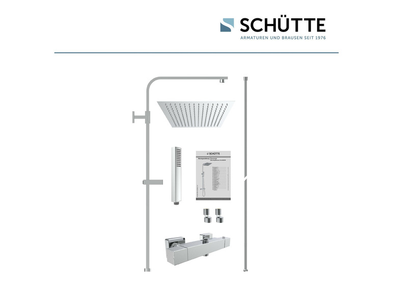 Een doucheset van Schütte met een regendouche, handdouche en thermostaatkraan.